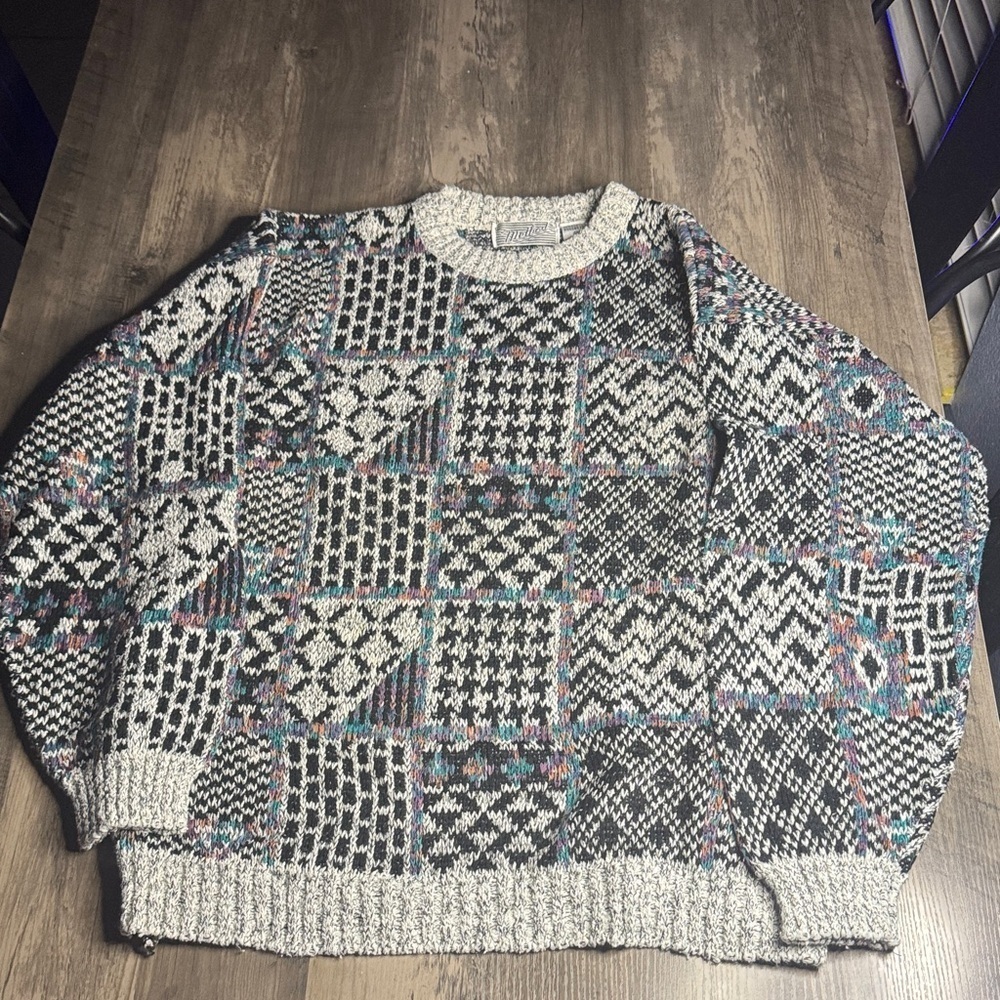 Vintage Grandpacore Method Men's Geometric Crewneck Sweater - Black, White, Gray